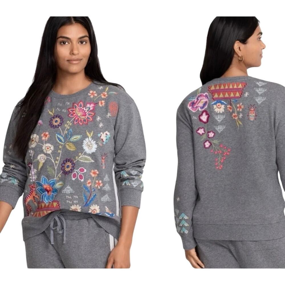 Johnny Was Griffin Grey Embroidered Ribbon Sweatshirt Floral Boho Hippie Retro